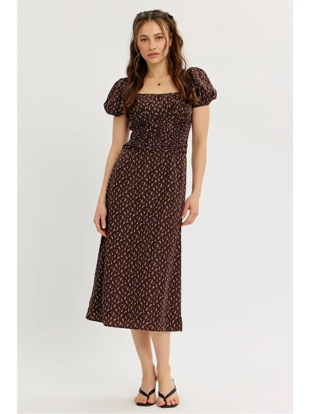(708) Vintage Inspired Floral Midi Dress with Gathering - L - NWT - Picture 3 of 5